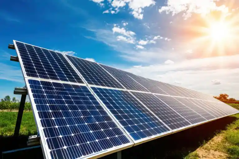 Zonnepanelen in een veld onder een zonnige hemel, symbool voor het duurzaamheidsbeleid van Care Property Invest
